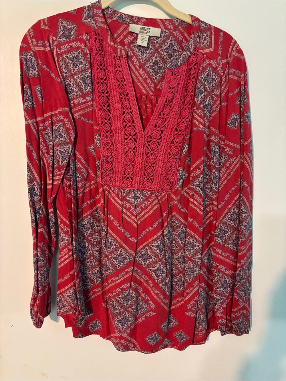 Vintage Red Patterned Lace-Front Tunic